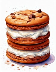 Three chocolate chip cookies stacked with whipped cream layers, creating a visually appealing and indulgent dessert treat.
