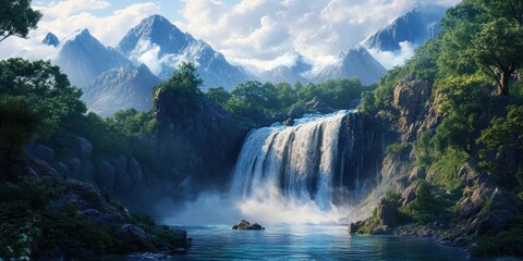 Fototapeta premium Misty waterfall cascades into a lake surrounded by mountains.