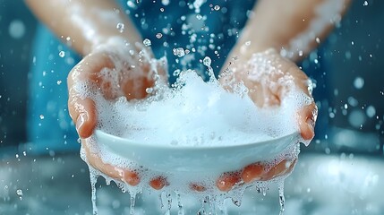 Fototapeta premium Close up view of a person s hands thoroughly washing a ceramic or glass plate under running water creating soap suds and bubbles Concept of daily household chores hygiene