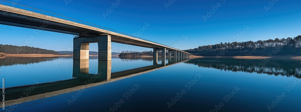 Wall mural a concrete bridge spans a calm, blue lake with a perfect reflection.