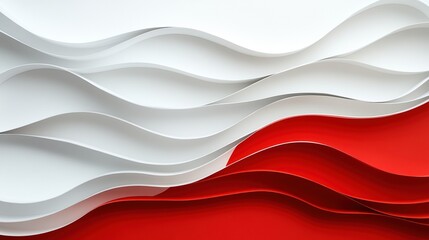Fototapeta premium Wavy pattern of white and red paper sheets on a flat surface, artistic design.