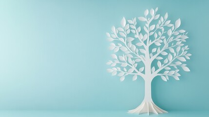 Obraz premium White paper cut tree on a blue background for artistic and decorative use.