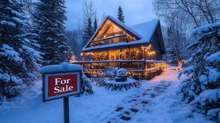 A charming cabin enveloped in fresh snow showcases festive lights, creating a cozy atmosphere. The property features a inviting porch, surrounded by tall pine trees, and a prominent for sale sign.