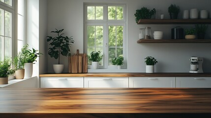 Wooden Countertop in a Modern Kitchen with Natural Light