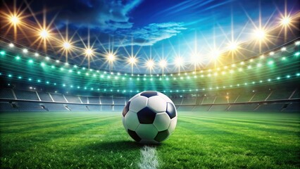 Soccer Ball on a Lush Field Under Stadium Lights - Vibrant Green Grass, Excitement of Sports, Rule of Thirds Composition, Perfect for Sports Enthusiasts and Event Promotion