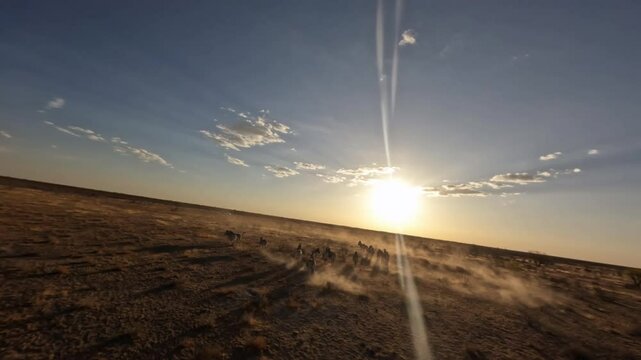 Cinematic aerial view with FPV drone of a herd of zebras running in slow motion in a beautiful sunset of Etosha National Park, Namibia, Africa