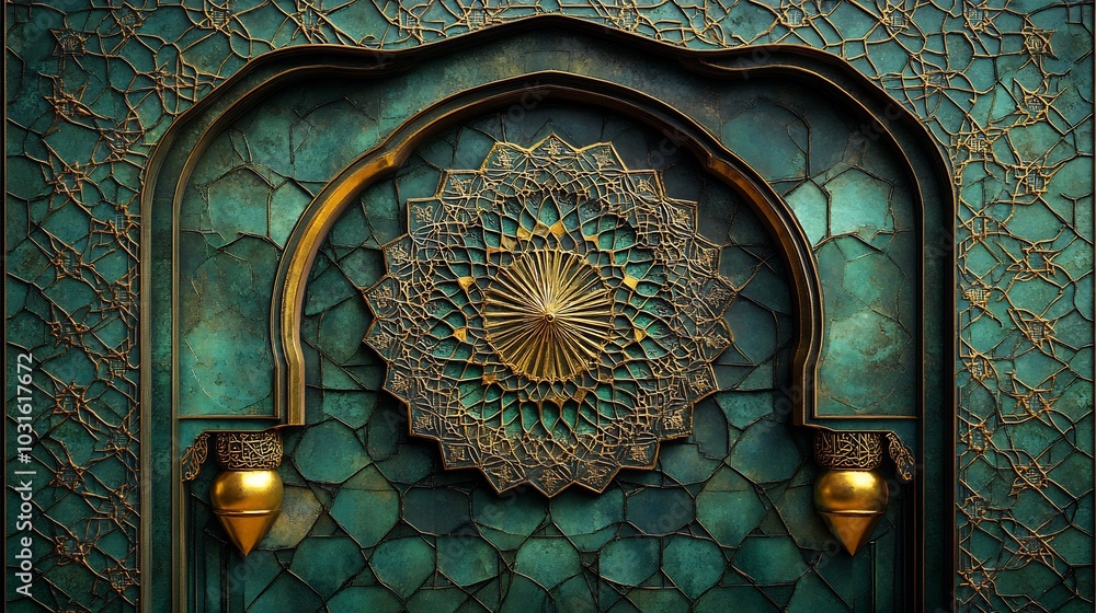 Poster dark green gold geometric shapes forming an intricate 3d islamic pattern creating depth and texture 