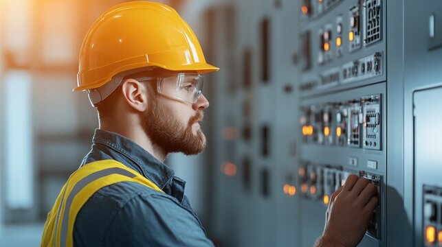 Worker in hard hat operating electrical control panel, focused expression.