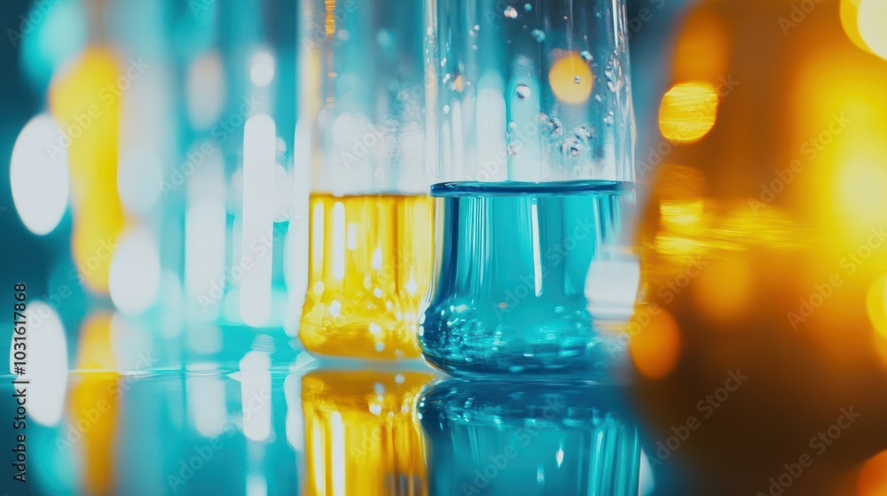 Poster close-up of blue and yellow liquids in glass bottles with bokeh background