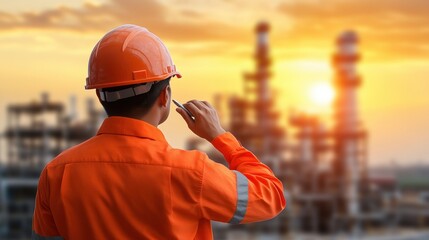 Worker in orange uniform observing industrial site during sunset.