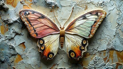 Colorful Butterfly Wall Sculpture on Cracked Vintage Texture Background