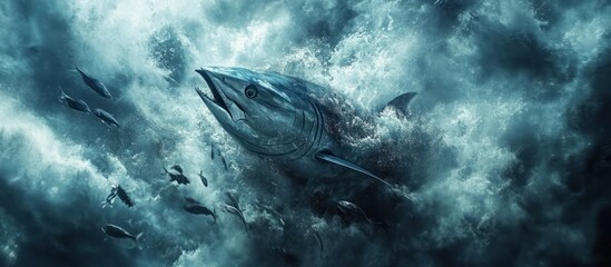Fototapeta premium A large tuna leaps out of the water, surrounded by a school of smaller fish, against a dramatic stormy sky backdrop.