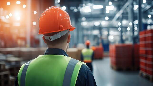 Worker in safety gear observing a large warehouse with bright lights.