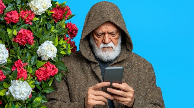 Elderly Man in Hooded Jacket Using Smartphone with Flowers in Background