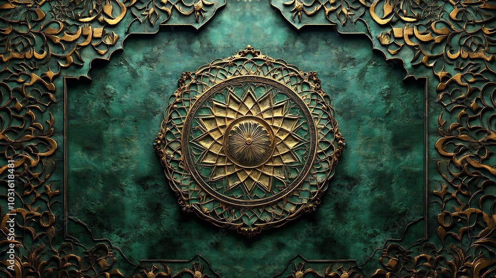 Poster dark green gold geometric shapes forming an intricate 3d islamic pattern creating depth and texture 