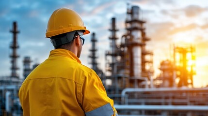 Worker in yellow safety gear observing industrial landscape at sunset.