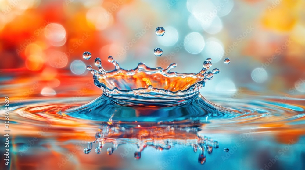 Poster a single water drop creates a crown-shaped splash in a shallow pool of water, with an abstract backg