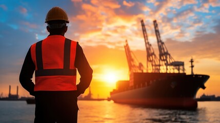 Worker observing sunset by cargo ship, industrial landscape scene.