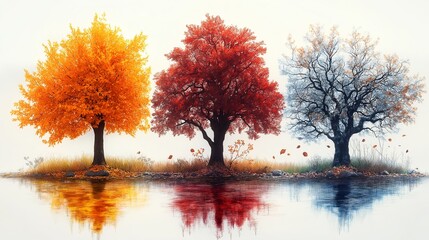 A Stunning Representation of nature Seasons with Colorful Trees and Lush Grass