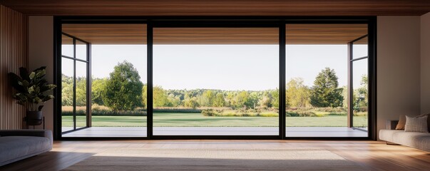 Stylish designer room featuring floor-to-ceiling folding doors with a stunning garden view.