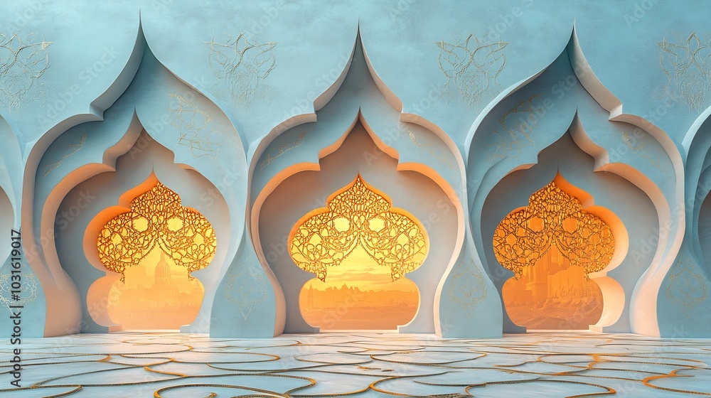 Aufkleber delicate islamic geometric patterns a 3d format set against a soft pastel background with intricate 