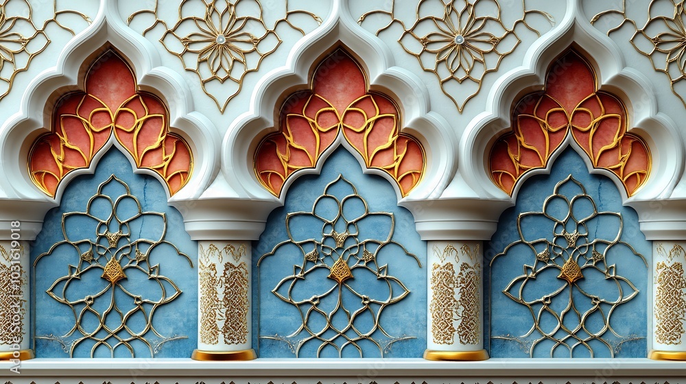 Poster delicate islamic geometric patterns a 3d format set against a soft pastel background with intricate 