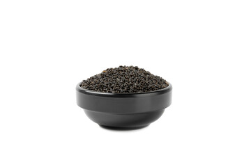 Basil seeds isolated on white background. Close-up. Superfood. Ocimum basilicum. Organic basil seeds.