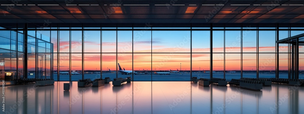 Poster empty airport terminal with large windows overlooking the runway and a beautiful sunset sky.
