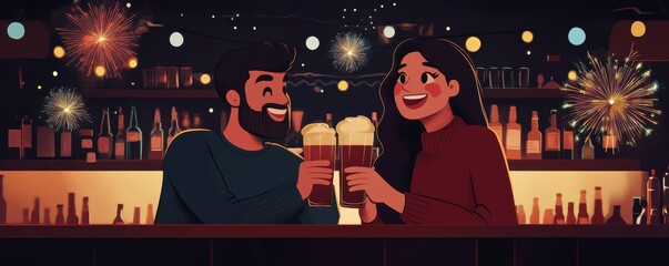 Couple happy drinking beer and clinking glasses at a bar or pub with fireworks,countdown,Celebration New Year's Eve,Design for posters, banners and greeting cards,Luxury template,copy space.