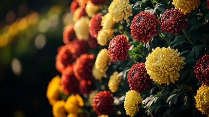 A vibrant display of colorful chrysanthemums in various shades of red, yellow, and orange, capturing their intricate textures and lively arrangement in a garden setting.