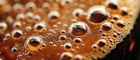 close up of surface with foam bubbles of black coffee crema espresso drink