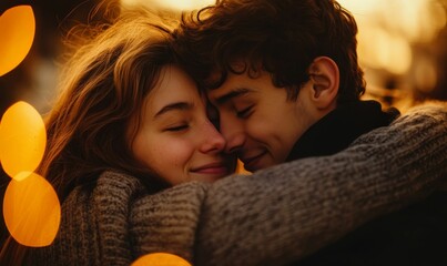 Couple embracing, close up, warm glow.