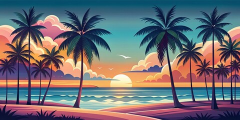 Obraz premium South Beach Miami Sunrise Sunset Vector Art - Minimal Colorful Landscape Illustration