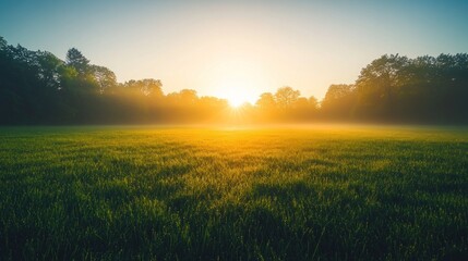 A golden sunrise illuminates a field of green grass with trees in the background, casting a warm glow on the landscape.