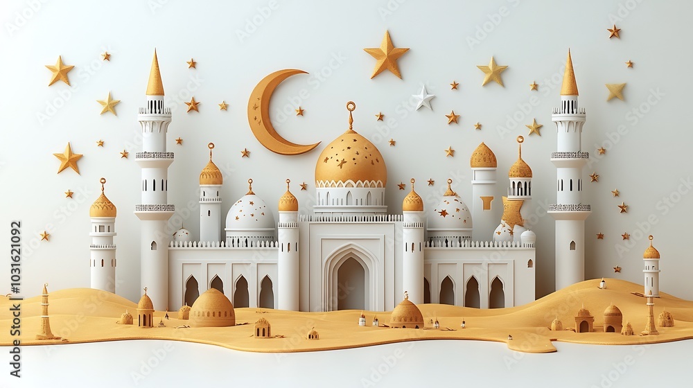 Aufkleber eid mubarak card design a crescent moon mosque and stars in a 3d style complemented by text space on