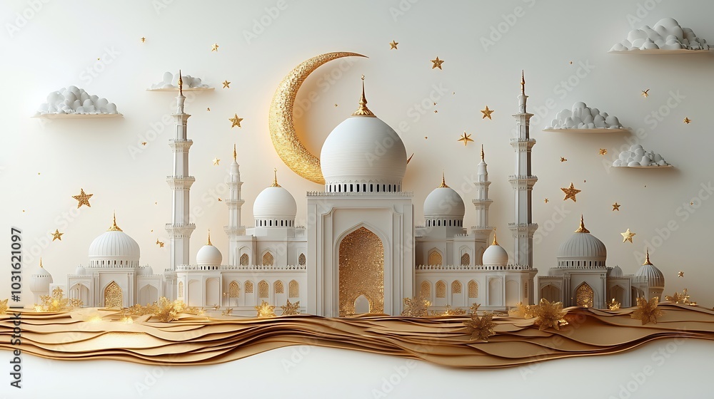 Poster eid mubarak card design a crescent moon mosque and stars in a 3d style complemented by text space on
