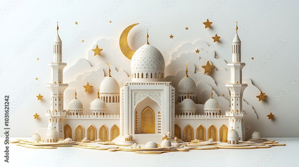 Aufkleber eid mubarak card design a crescent moon mosque and stars in a 3d style complemented by text space on