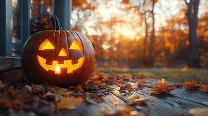 A glowing jack-o'-lantern sits on a wooden porch with fallen autumn leaves, a warm sunset behind.