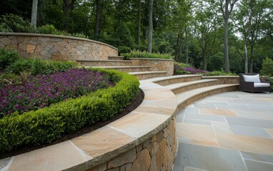 A hillside garden with terraced stone walls, vibrant flower beds, and steps leading down to a cozy seating area nestled among trees