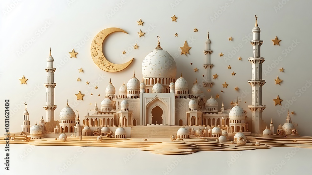 Poster eid mubarak card design a crescent moon mosque and stars in a 3d style complemented by text space on