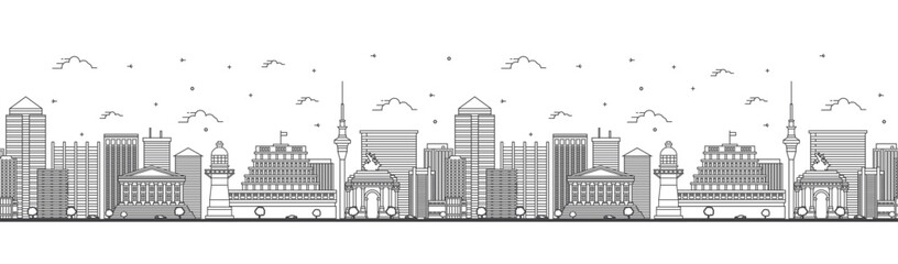 Fototapeta premium Seamless pattern with Outline Wellington New Zealand City Skyline with Modern and Historic Buildings Isolated on White. Wellington Cityscape with Landmarks.