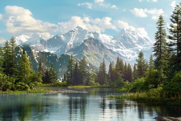 Lake among snowy mountains in the forest