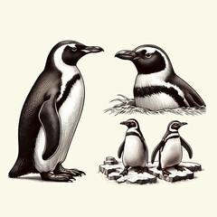 Fototapeta premium Hand drawn Engraving style of penguins . Retro illustration.