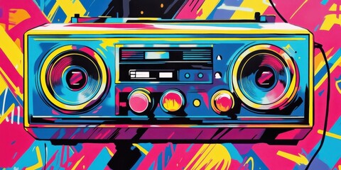 Fototapeta premium A colorful boombox with a graffiti background.