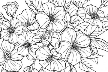 A detailed line art illustration of blooming flowers, featuring intricate petals and leaves, perfect for coloring enthusiasts.