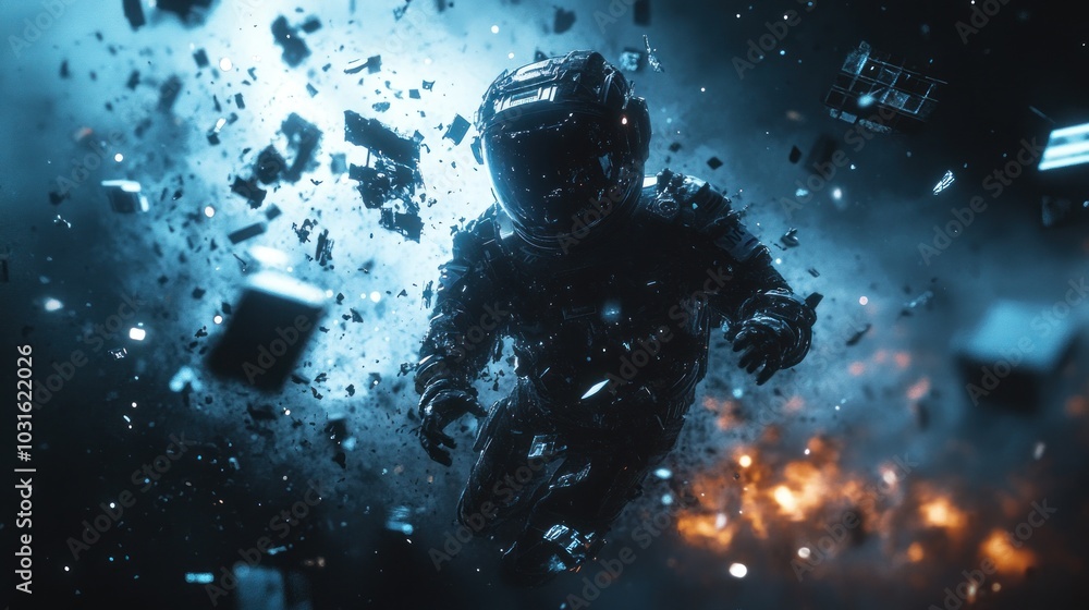 Poster an astronaut in a spacesuit floats through space, surrounded by debris and a bright light.