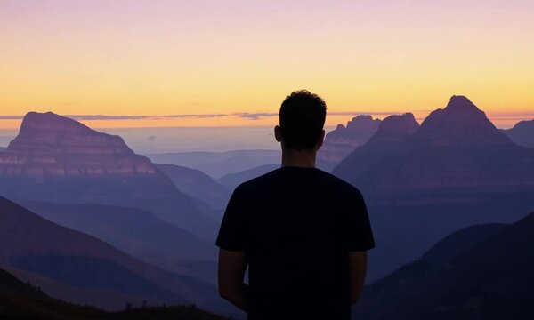 Silhouette of a man standing on a mountain overlooking a valley at sunset.