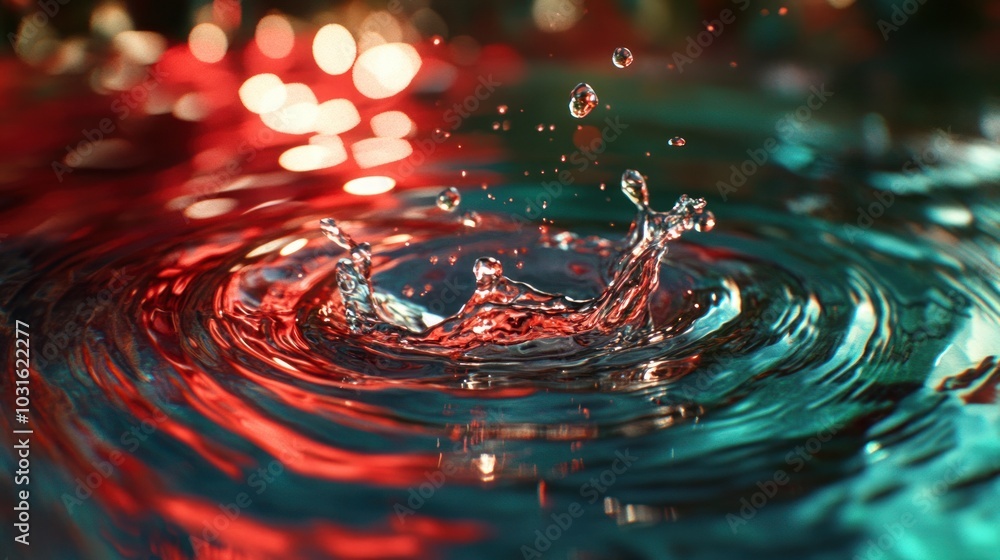 Poster a single water drop creates a splash and ripples in a turquoise liquid with red and yellow bokeh lig