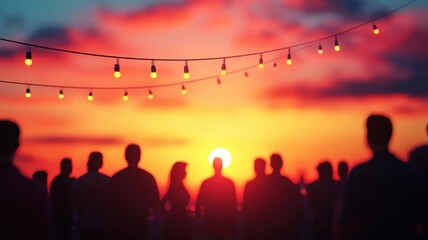 Fototapeta premium Sunset Rooftop Celebration: Friends Enjoying Drinks and Scenic Views at a Vibrant Party Scene