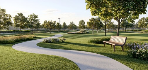 A natural meadow garden with wildflowers, native grasses, and a meandering pathway leading to a wooden bench under a large tree